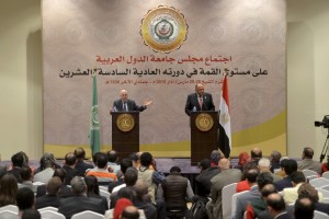 Egypt's Foreign Minister Shoukry and Secretary General of the Arab League Arabi answer questions from journalists during a news conference in Sharm El-Sheikh