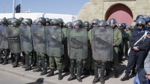 Moroccan police block the entrance to the Martyr's Cemetery in Rabat, Morocco, on 26 March, to prevent the funeral of the widow of the leader of the Islamist Al-Adl wal Ihsan group. Source: PA