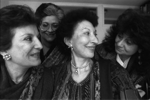 Fatema Mernissi, center, in 1996 with, from left, Mahnaz Afkhami, Yasmeen Murshed and Deniz Kandiyoti. AMY TOENSING.